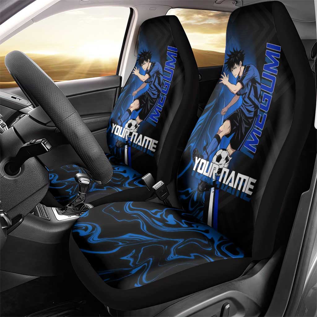 Custom Megumi Fushiguro Jujutsu Kaisen Car Seat Cover Blue Flames Soccer Theme Anime