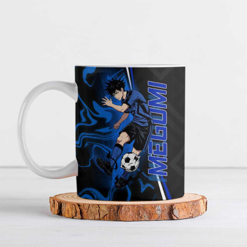 Custom Megumi Fushiguro Jujutsu Kaisen Ceramic Mug Blue Flames Soccer Theme Anime