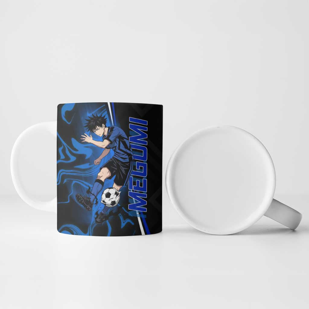 Custom Megumi Fushiguro Jujutsu Kaisen Ceramic Mug Blue Flames Soccer Theme Anime