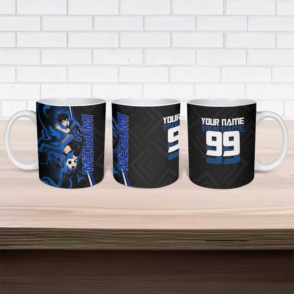 Custom Megumi Fushiguro Jujutsu Kaisen Ceramic Mug Blue Flames Soccer Theme Anime