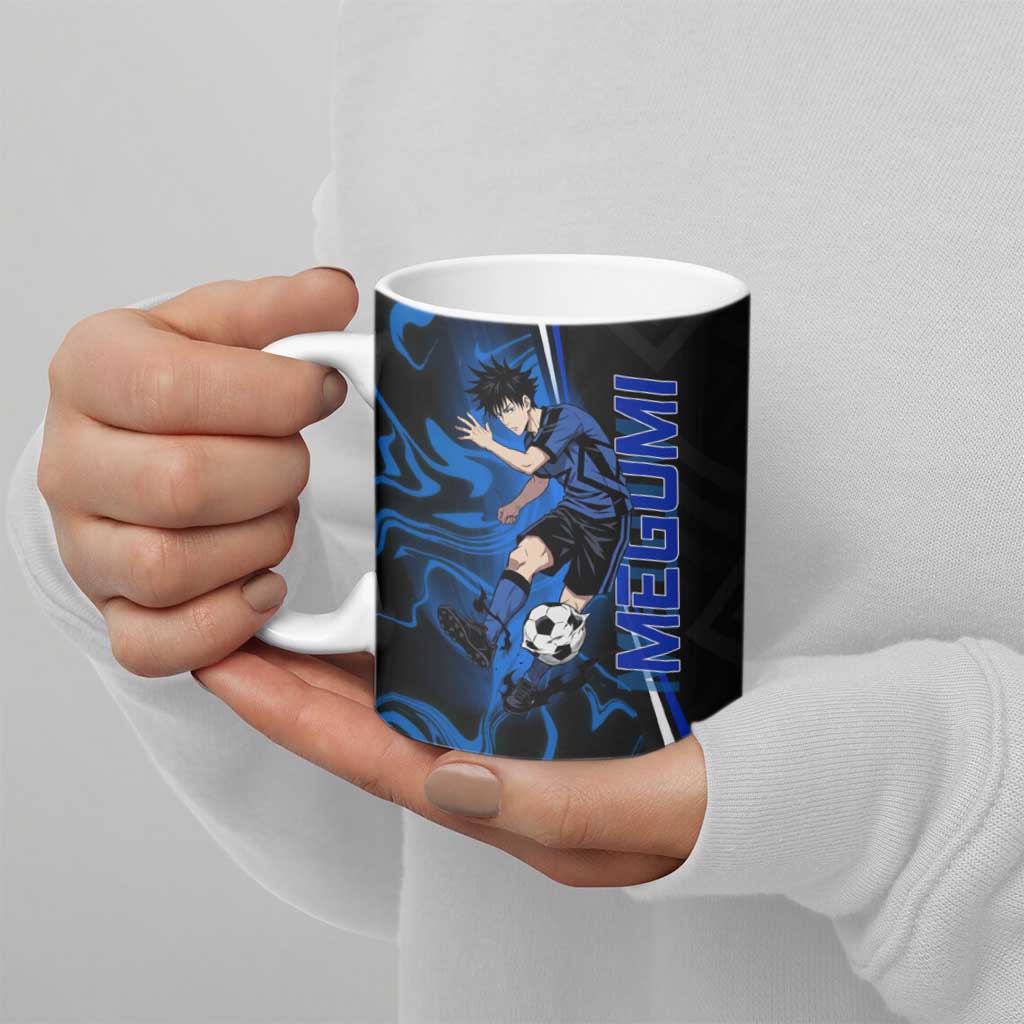 Custom Megumi Fushiguro Jujutsu Kaisen Ceramic Mug Blue Flames Soccer Theme Anime