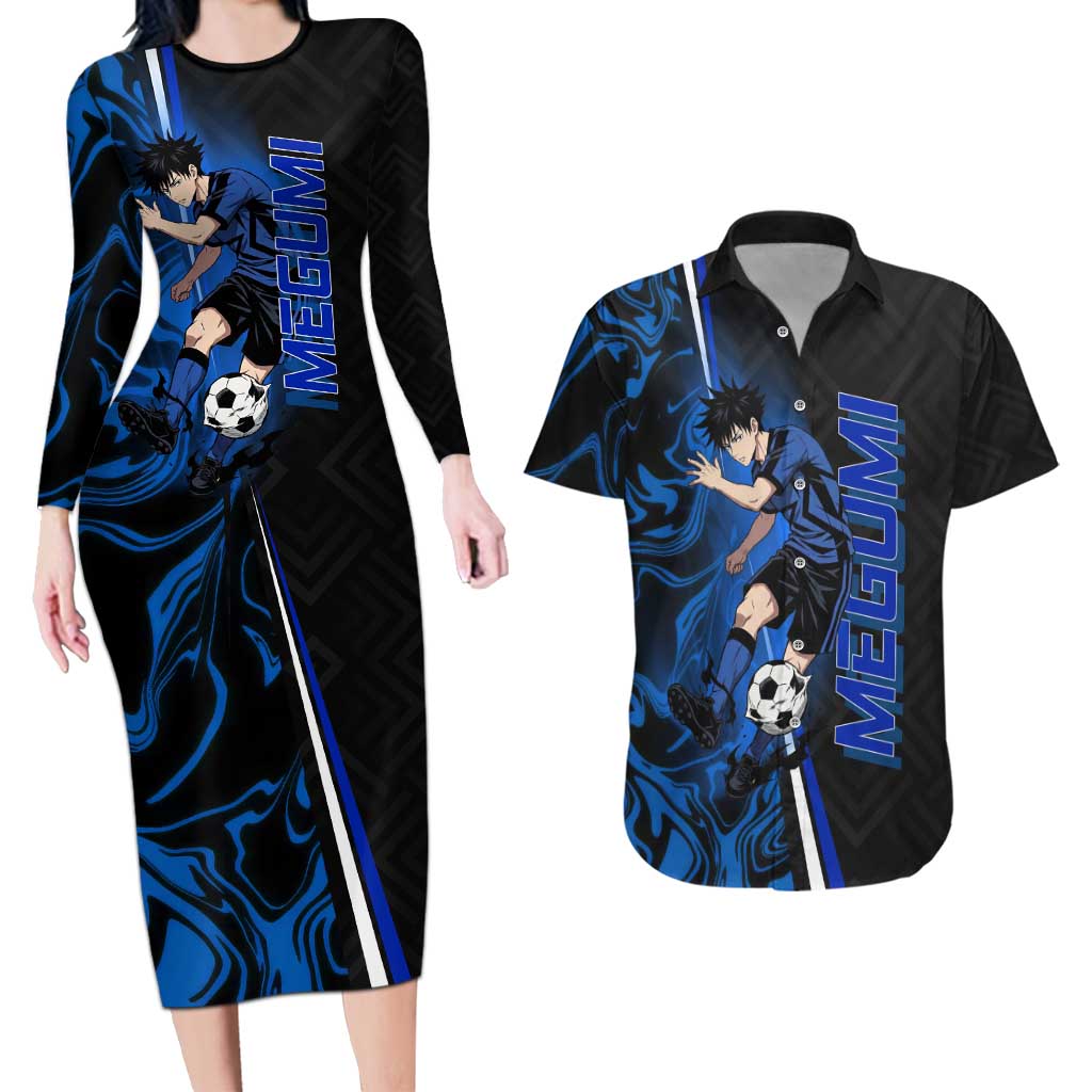 Custom Megumi Fushiguro Jujutsu Kaisen Couples Matching Long Sleeve Bodycon Dress and Hawaiian Shirt Blue Flames Soccer Theme Anime