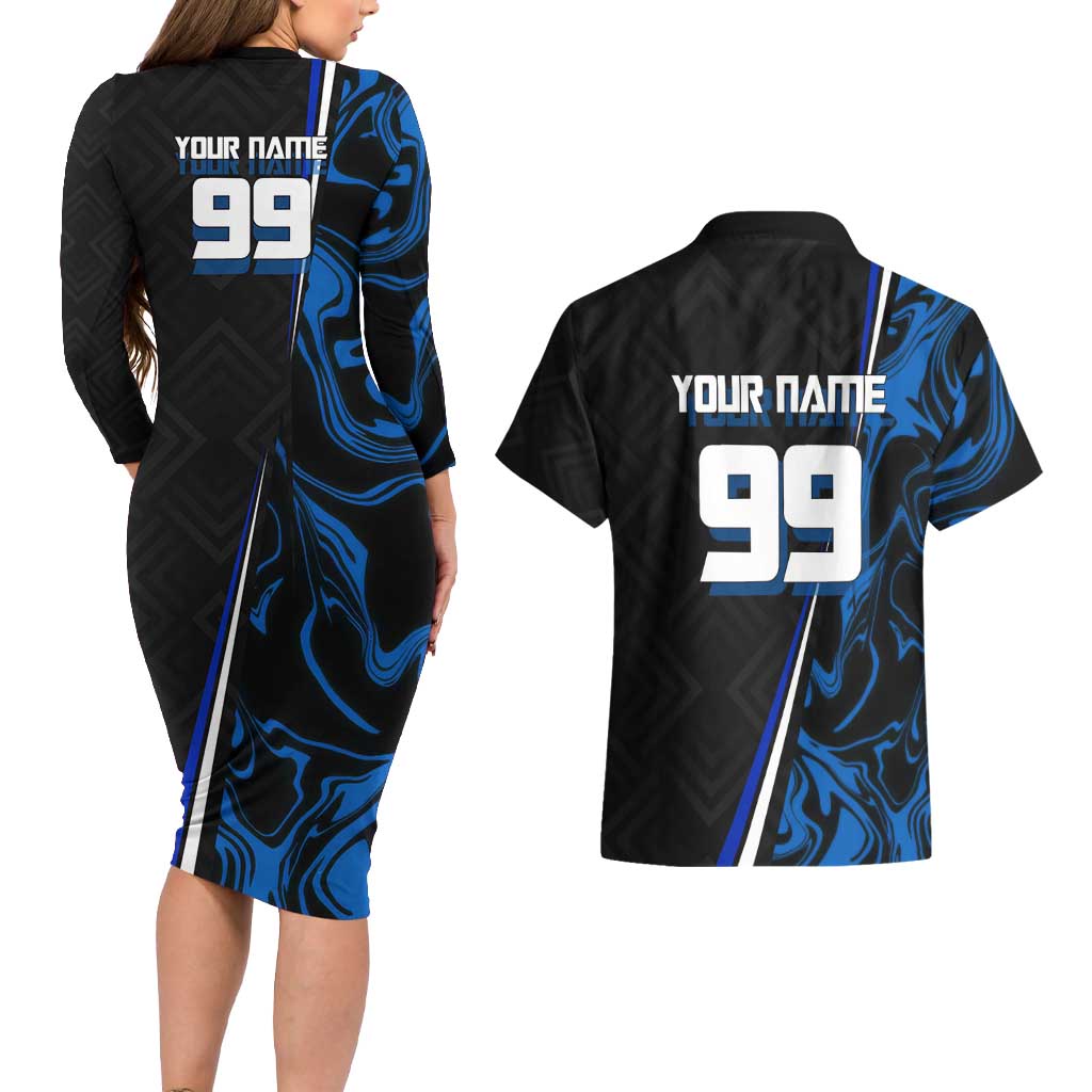 Custom Megumi Fushiguro Jujutsu Kaisen Couples Matching Long Sleeve Bodycon Dress and Hawaiian Shirt Blue Flames Soccer Theme Anime