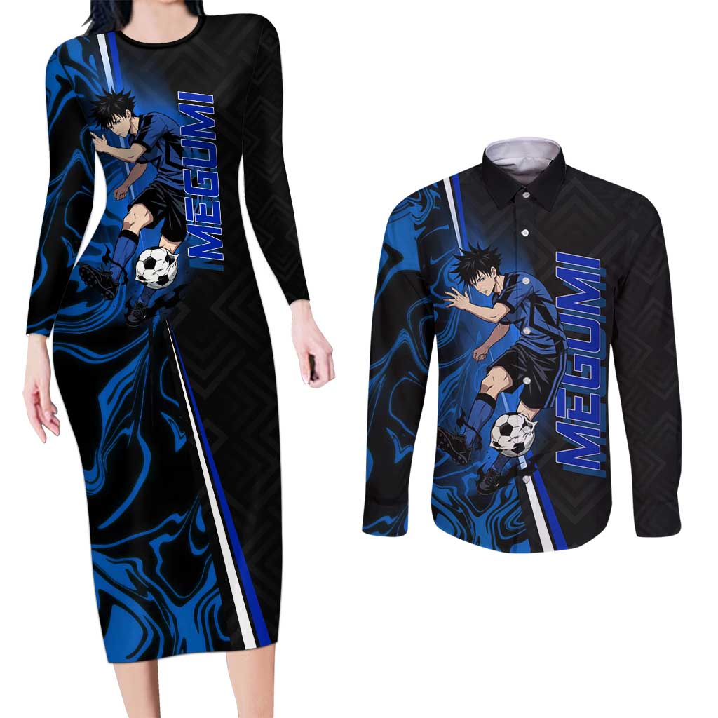 Custom Megumi Fushiguro Jujutsu Kaisen Couples Matching Long Sleeve Bodycon Dress and Long Sleeve Button Shirt Blue Flames Soccer Theme Anime