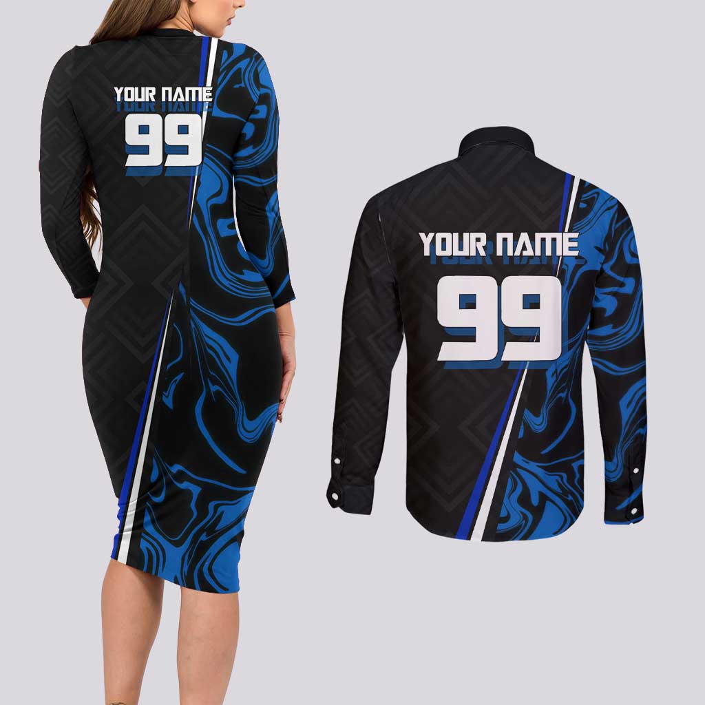 Custom Megumi Fushiguro Jujutsu Kaisen Couples Matching Long Sleeve Bodycon Dress and Long Sleeve Button Shirt Blue Flames Soccer Theme Anime
