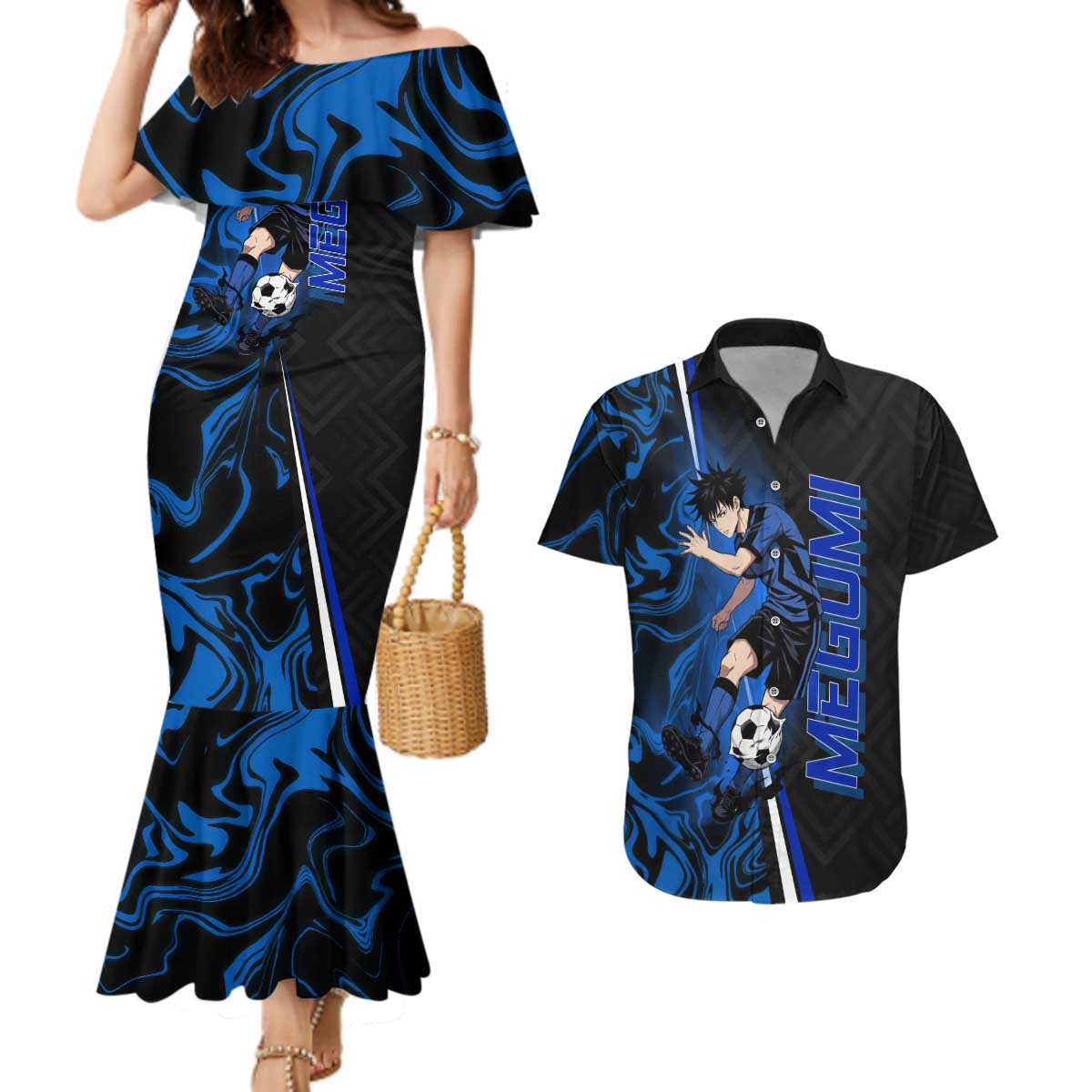Custom Megumi Fushiguro Jujutsu Kaisen Couples Matching Mermaid Dress and Hawaiian Shirt Blue Flames Soccer Theme Anime