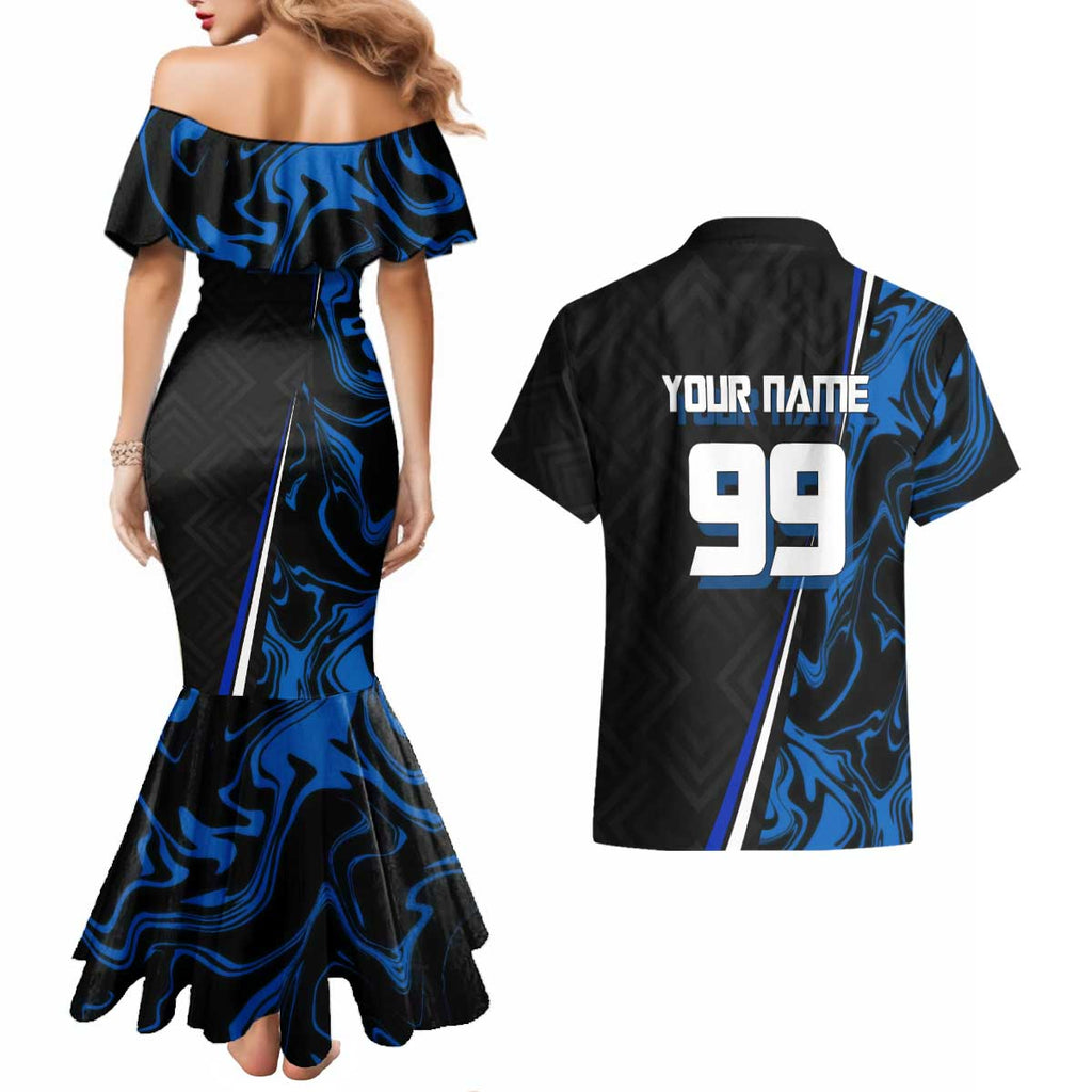 Custom Megumi Fushiguro Jujutsu Kaisen Couples Matching Mermaid Dress and Hawaiian Shirt Blue Flames Soccer Theme Anime