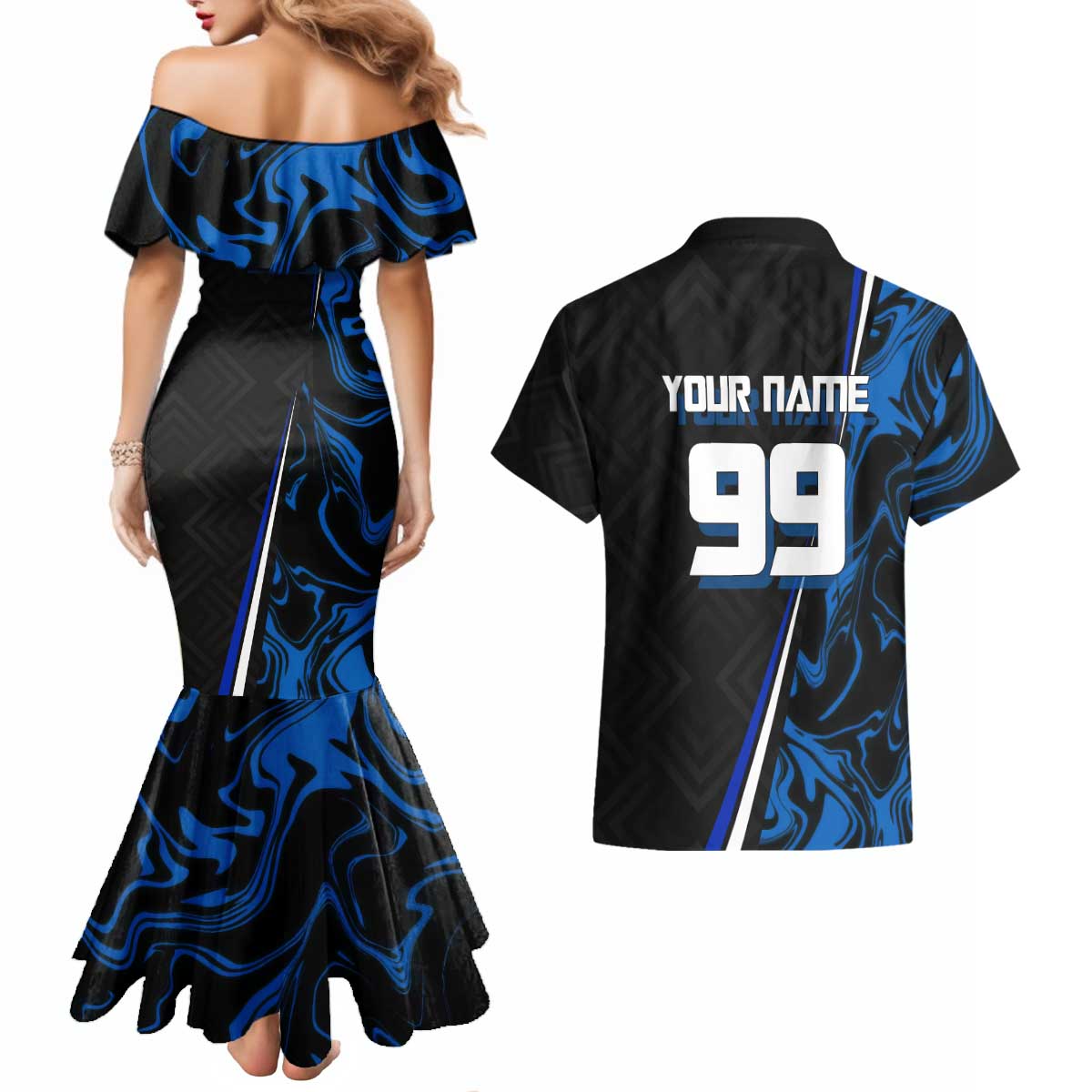 Custom Megumi Fushiguro Jujutsu Kaisen Couples Matching Mermaid Dress and Hawaiian Shirt Blue Flames Soccer Theme Anime