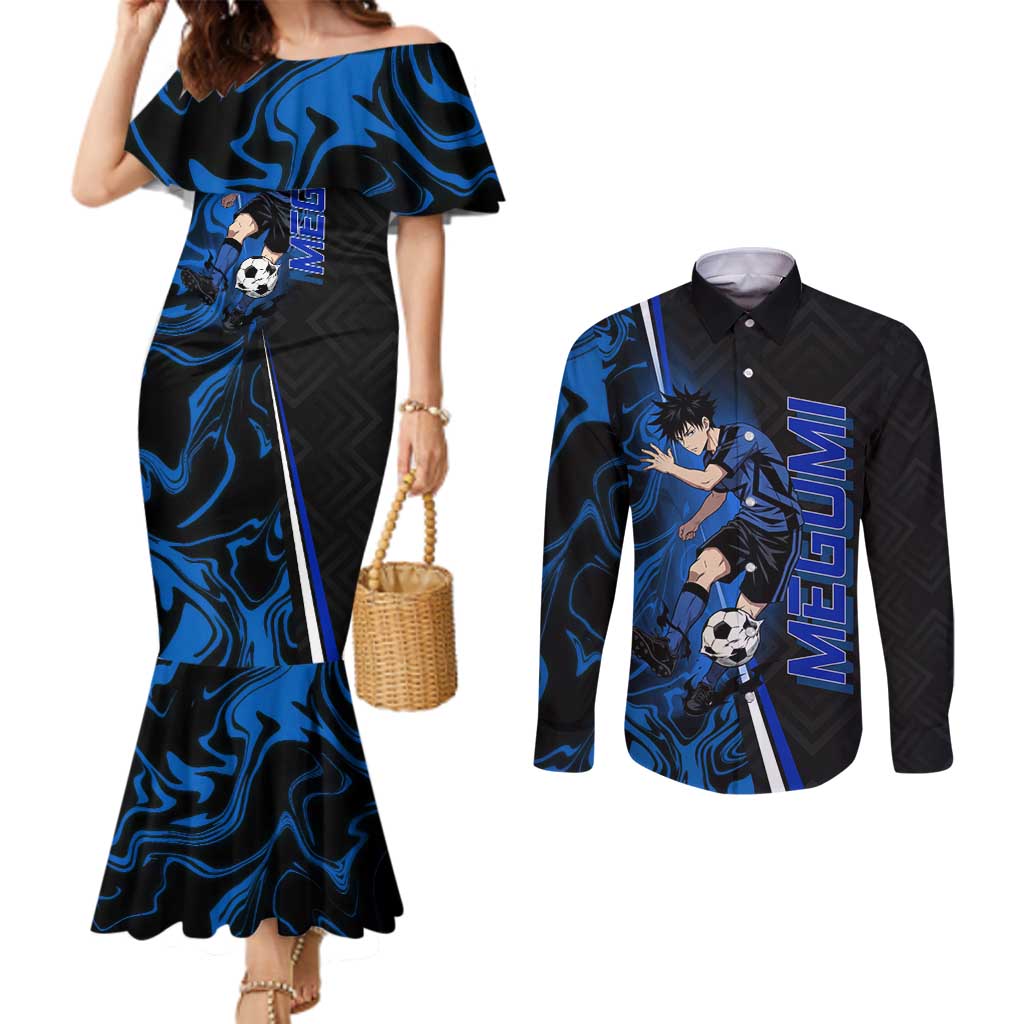 Custom Megumi Fushiguro Jujutsu Kaisen Couples Matching Mermaid Dress and Long Sleeve Button Shirt Blue Flames Soccer Theme Anime