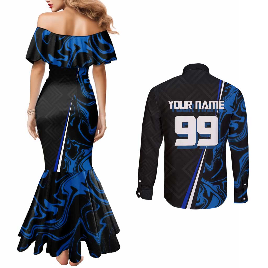 Custom Megumi Fushiguro Jujutsu Kaisen Couples Matching Mermaid Dress and Long Sleeve Button Shirt Blue Flames Soccer Theme Anime