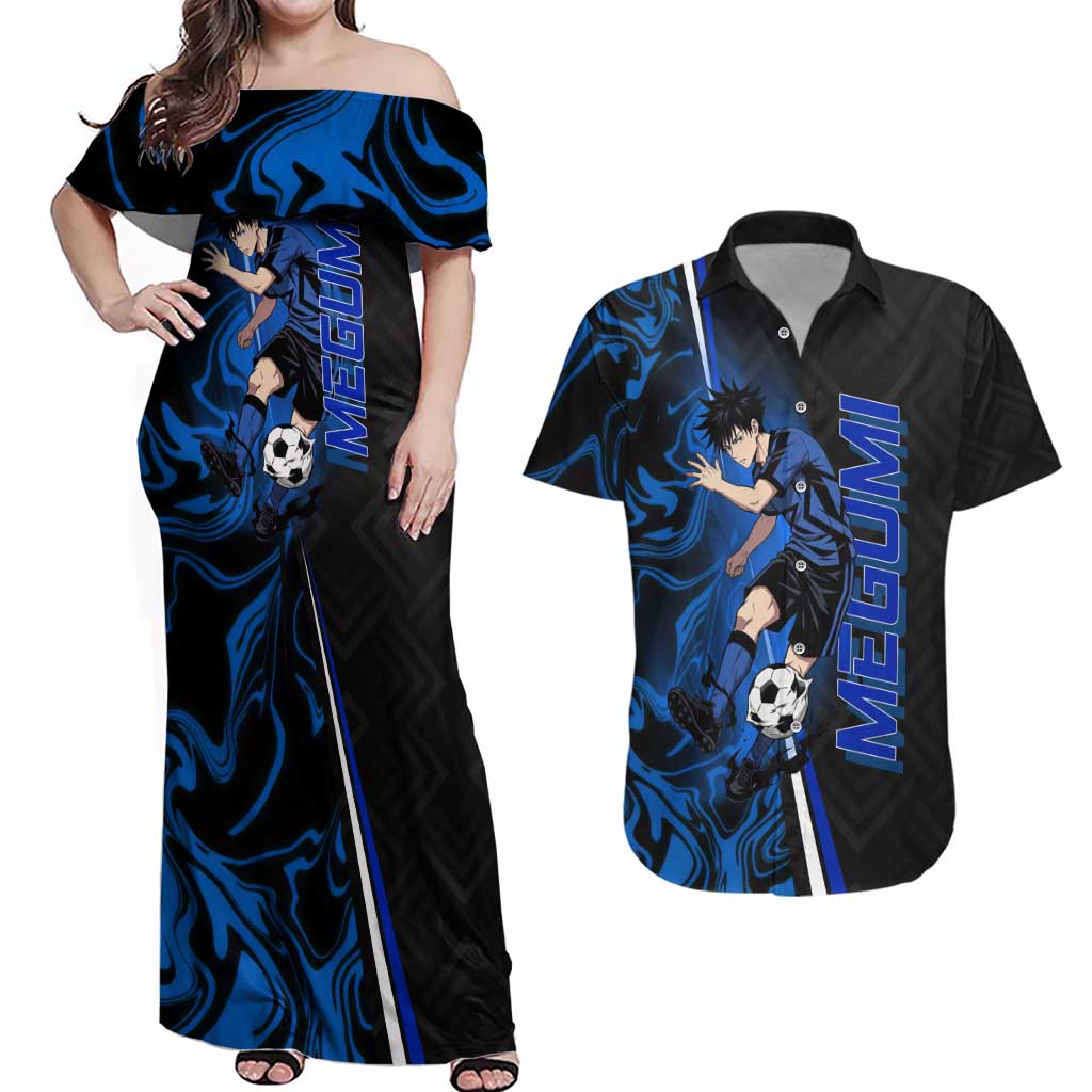 Custom Megumi Fushiguro Jujutsu Kaisen Couples Matching Off Shoulder Maxi Dress and Hawaiian Shirt Blue Flames Soccer Theme Anime