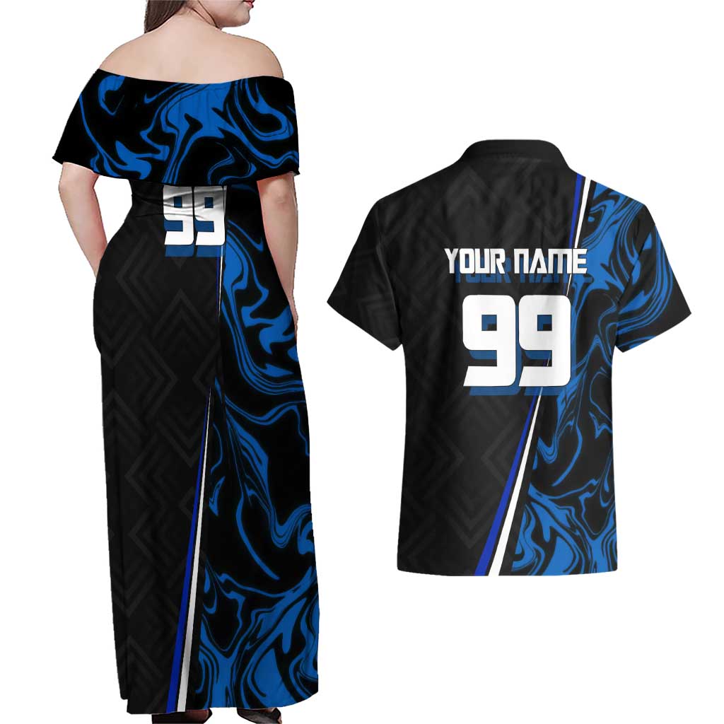 Custom Megumi Fushiguro Jujutsu Kaisen Couples Matching Off Shoulder Maxi Dress and Hawaiian Shirt Blue Flames Soccer Theme Anime