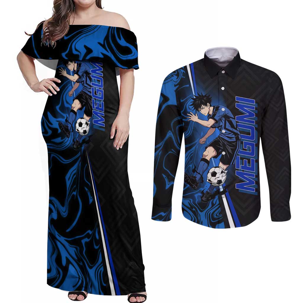 Custom Megumi Fushiguro Jujutsu Kaisen Couples Matching Off Shoulder Maxi Dress and Long Sleeve Button Shirt Blue Flames Soccer Theme Anime