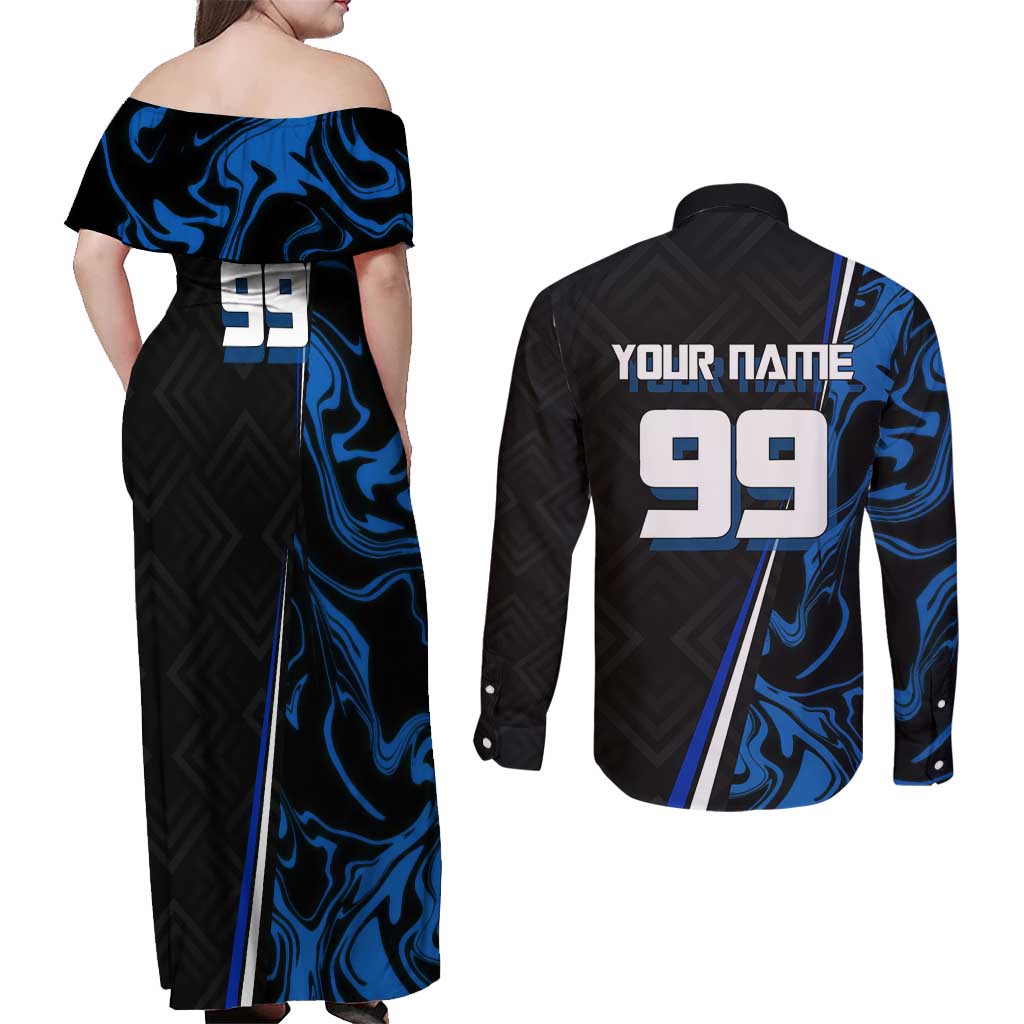 Custom Megumi Fushiguro Jujutsu Kaisen Couples Matching Off Shoulder Maxi Dress and Long Sleeve Button Shirt Blue Flames Soccer Theme Anime