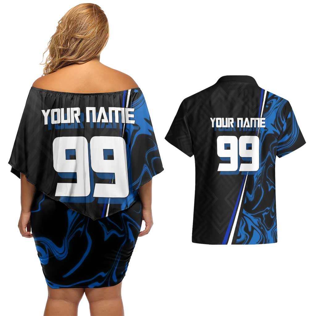 Custom Megumi Fushiguro Jujutsu Kaisen Couples Matching Off Shoulder Short Dress and Hawaiian Shirt Blue Flames Soccer Theme Anime