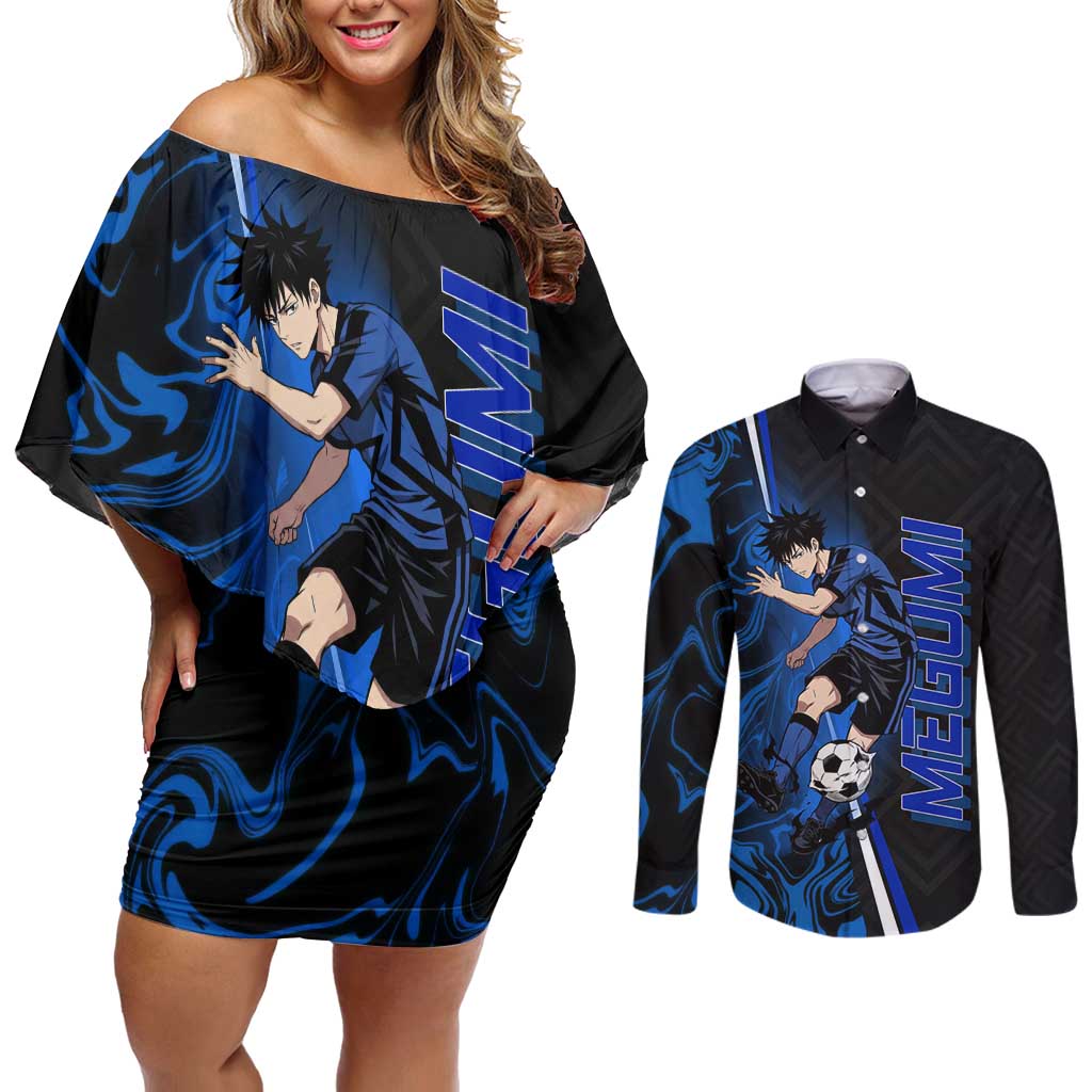 Custom Megumi Fushiguro Jujutsu Kaisen Couples Matching Off Shoulder Short Dress and Long Sleeve Button Shirt Blue Flames Soccer Theme Anime
