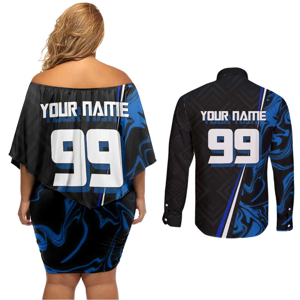 Custom Megumi Fushiguro Jujutsu Kaisen Couples Matching Off Shoulder Short Dress and Long Sleeve Button Shirt Blue Flames Soccer Theme Anime