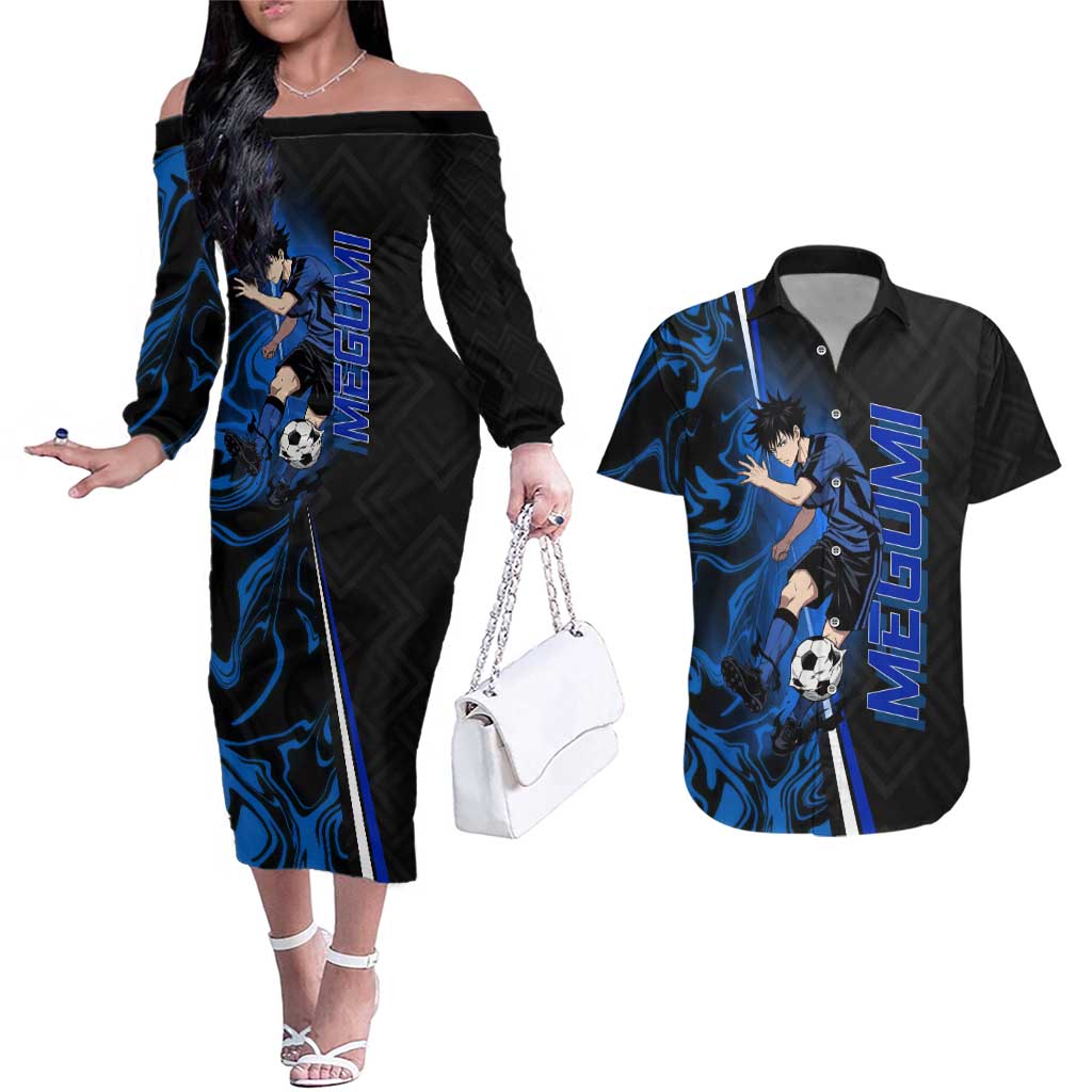 Custom Megumi Fushiguro Jujutsu Kaisen Couples Matching Off The Shoulder Long Sleeve Dress and Hawaiian Shirt Blue Flames Soccer Theme Anime