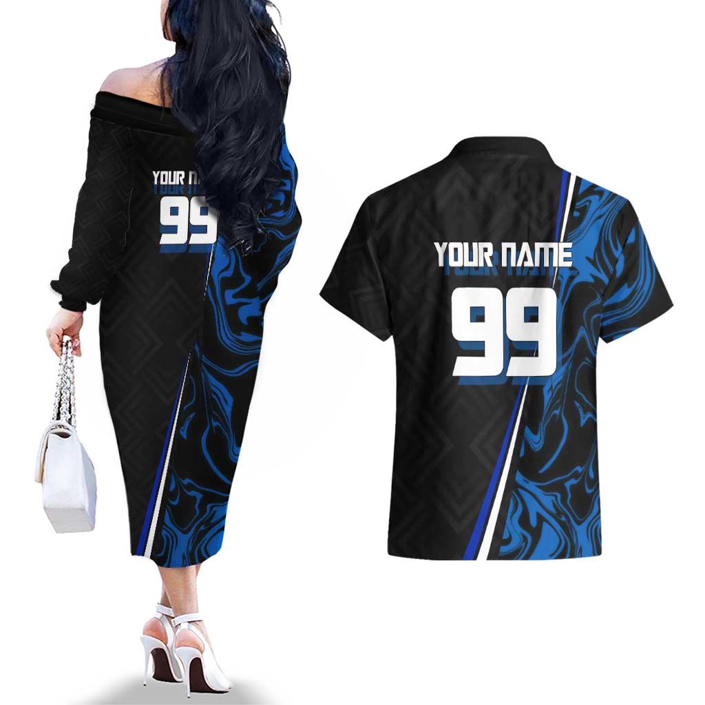 Custom Megumi Fushiguro Jujutsu Kaisen Couples Matching Off The Shoulder Long Sleeve Dress and Hawaiian Shirt Blue Flames Soccer Theme Anime