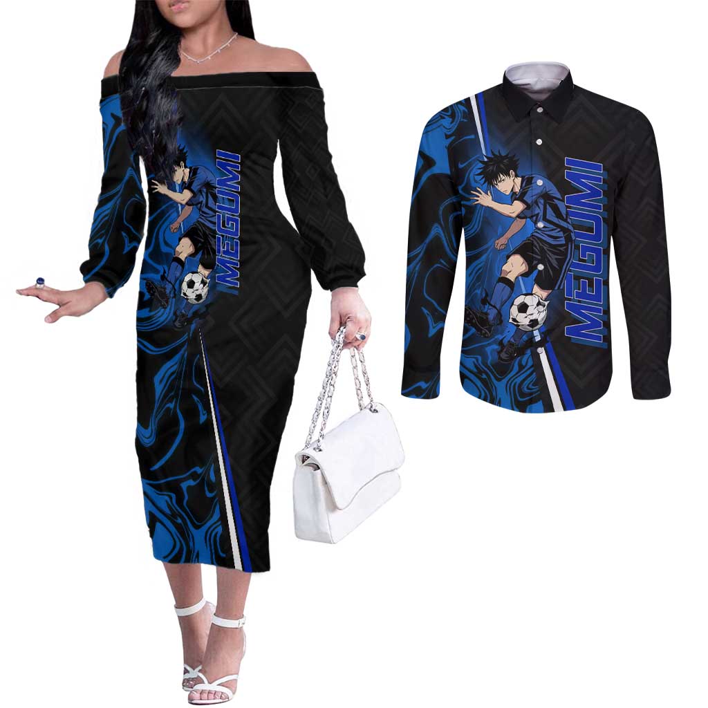 Custom Megumi Fushiguro Jujutsu Kaisen Couples Matching Off The Shoulder Long Sleeve Dress and Long Sleeve Button Shirt Blue Flames Soccer Theme Anime