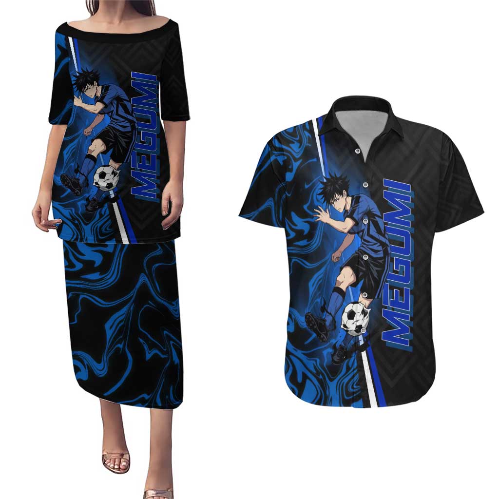 Custom Megumi Fushiguro Jujutsu Kaisen Couples Matching Puletasi and Hawaiian Shirt Blue Flames Soccer Theme Anime