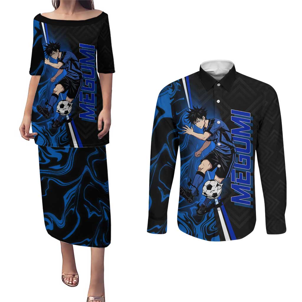 Custom Megumi Fushiguro Jujutsu Kaisen Couples Matching Puletasi and Long Sleeve Button Shirt Blue Flames Soccer Theme Anime