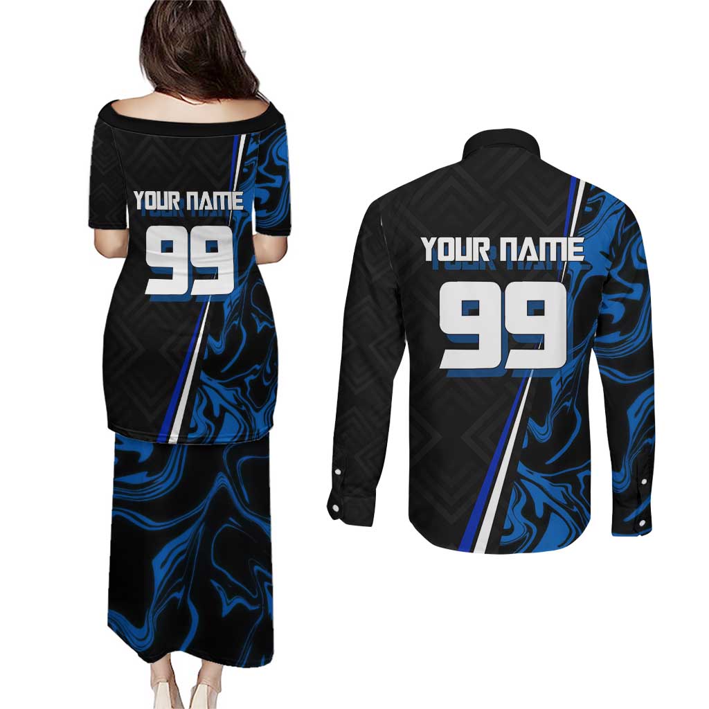 Custom Megumi Fushiguro Jujutsu Kaisen Couples Matching Puletasi and Long Sleeve Button Shirt Blue Flames Soccer Theme Anime