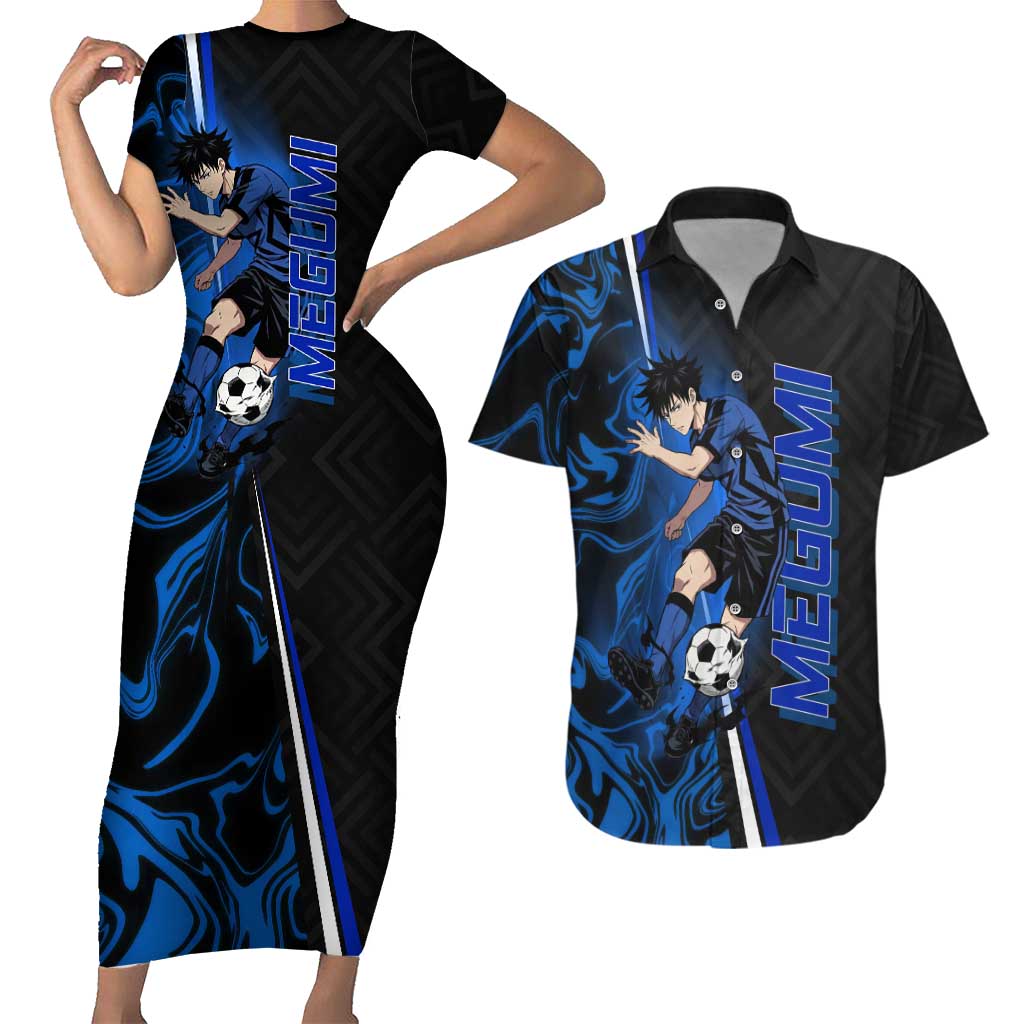 Custom Megumi Fushiguro Jujutsu Kaisen Couples Matching Short Sleeve Bodycon Dress and Hawaiian Shirt Blue Flames Soccer Theme Anime