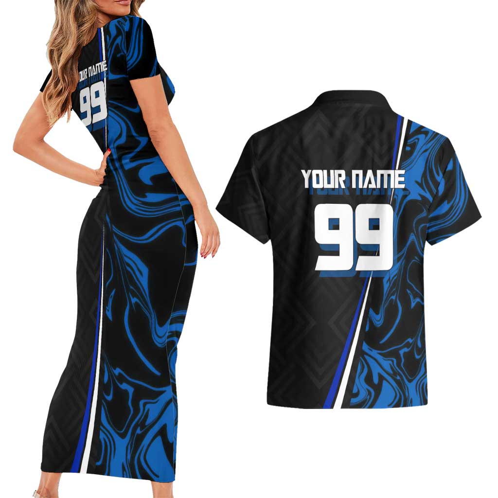 Custom Megumi Fushiguro Jujutsu Kaisen Couples Matching Short Sleeve Bodycon Dress and Hawaiian Shirt Blue Flames Soccer Theme Anime