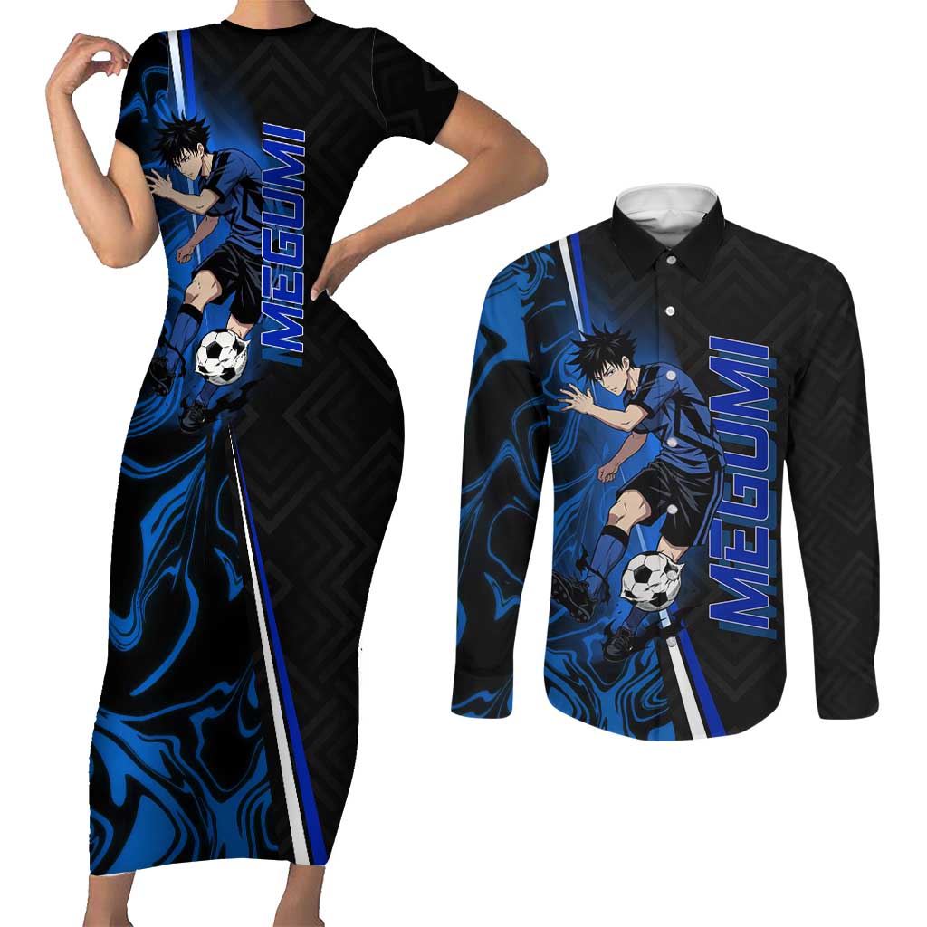Custom Megumi Fushiguro Jujutsu Kaisen Couples Matching Short Sleeve Bodycon Dress and Long Sleeve Button Shirt Blue Flames Soccer Theme Anime