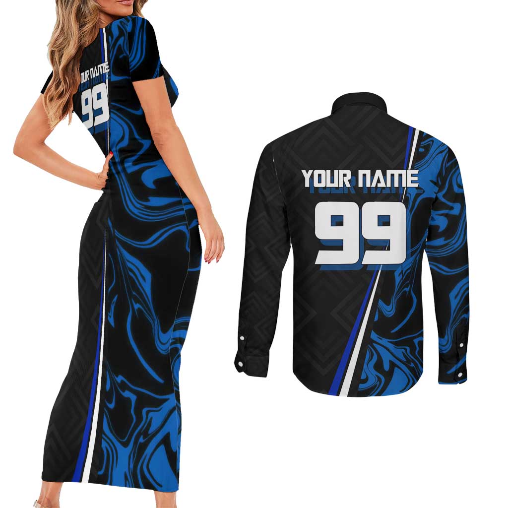Custom Megumi Fushiguro Jujutsu Kaisen Couples Matching Short Sleeve Bodycon Dress and Long Sleeve Button Shirt Blue Flames Soccer Theme Anime