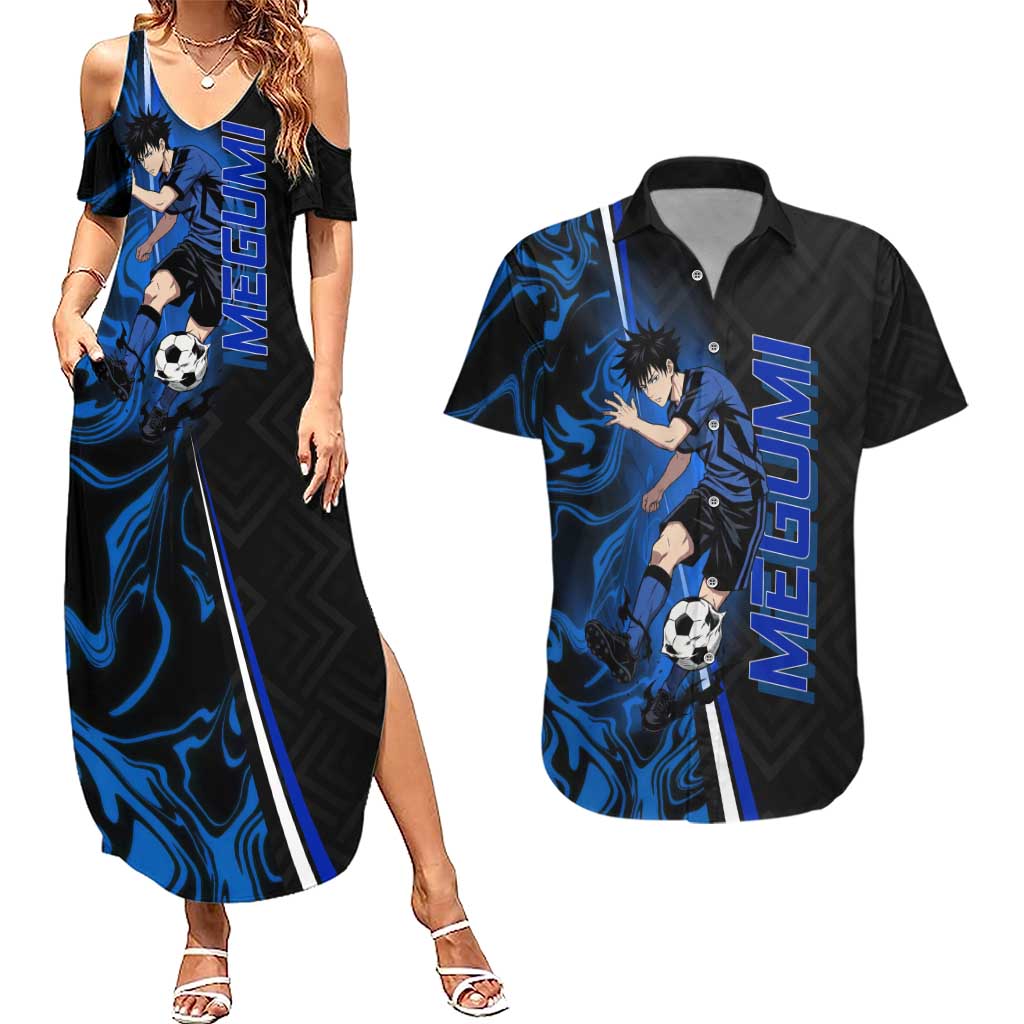Custom Megumi Fushiguro Jujutsu Kaisen Couples Matching Summer Maxi Dress and Hawaiian Shirt Blue Flames Soccer Theme Anime