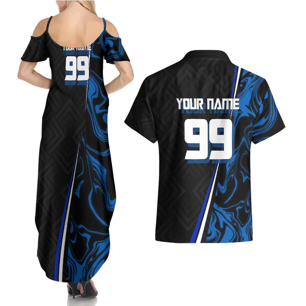 Custom Megumi Fushiguro Jujutsu Kaisen Couples Matching Summer Maxi Dress and Hawaiian Shirt Blue Flames Soccer Theme Anime