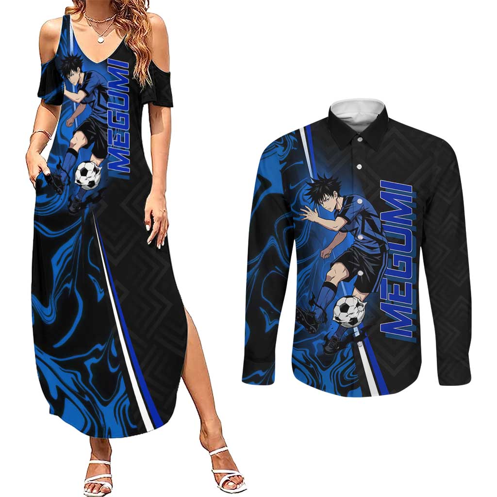 Custom Megumi Fushiguro Jujutsu Kaisen Couples Matching Summer Maxi Dress and Long Sleeve Button Shirt Blue Flames Soccer Theme Anime