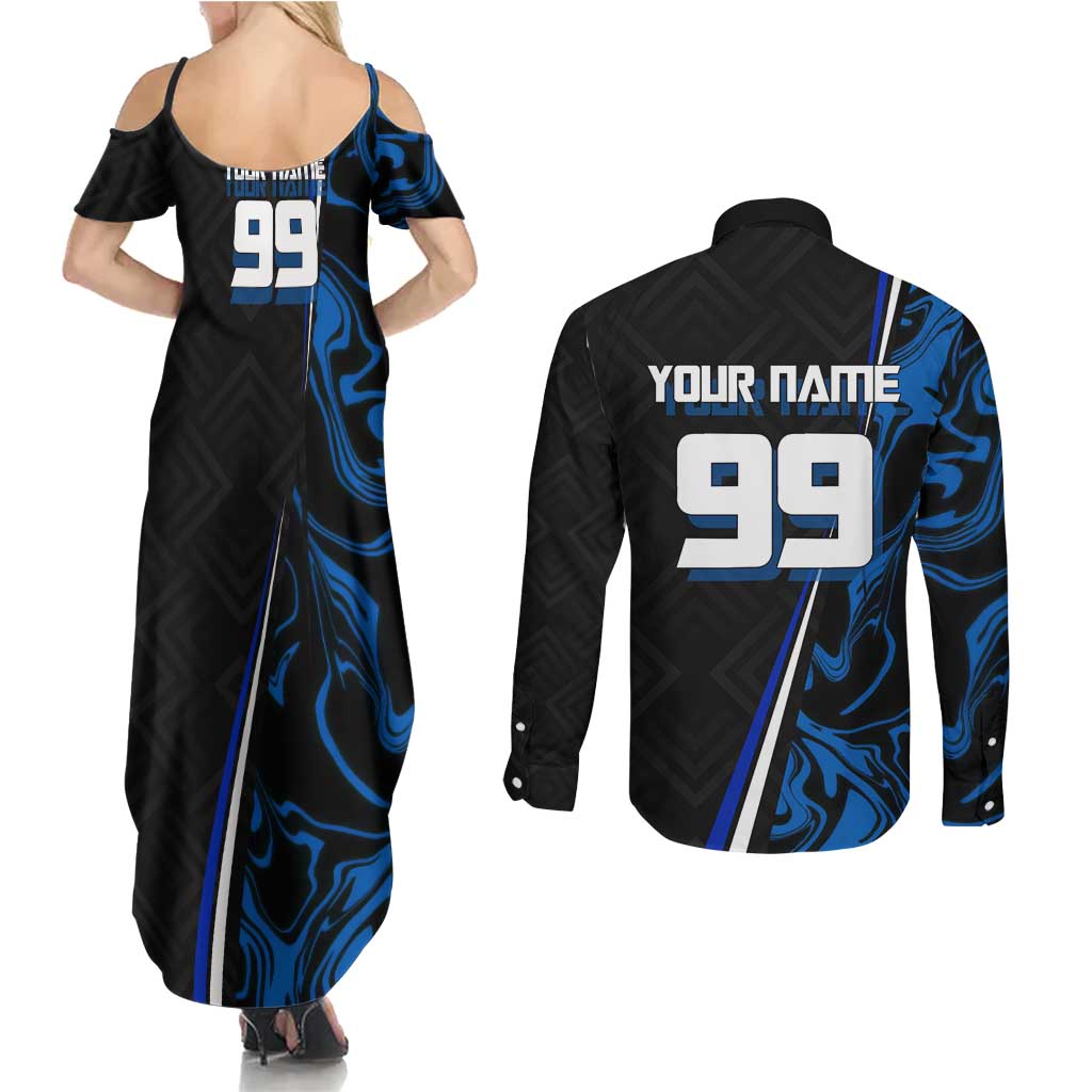 Custom Megumi Fushiguro Jujutsu Kaisen Couples Matching Summer Maxi Dress and Long Sleeve Button Shirt Blue Flames Soccer Theme Anime