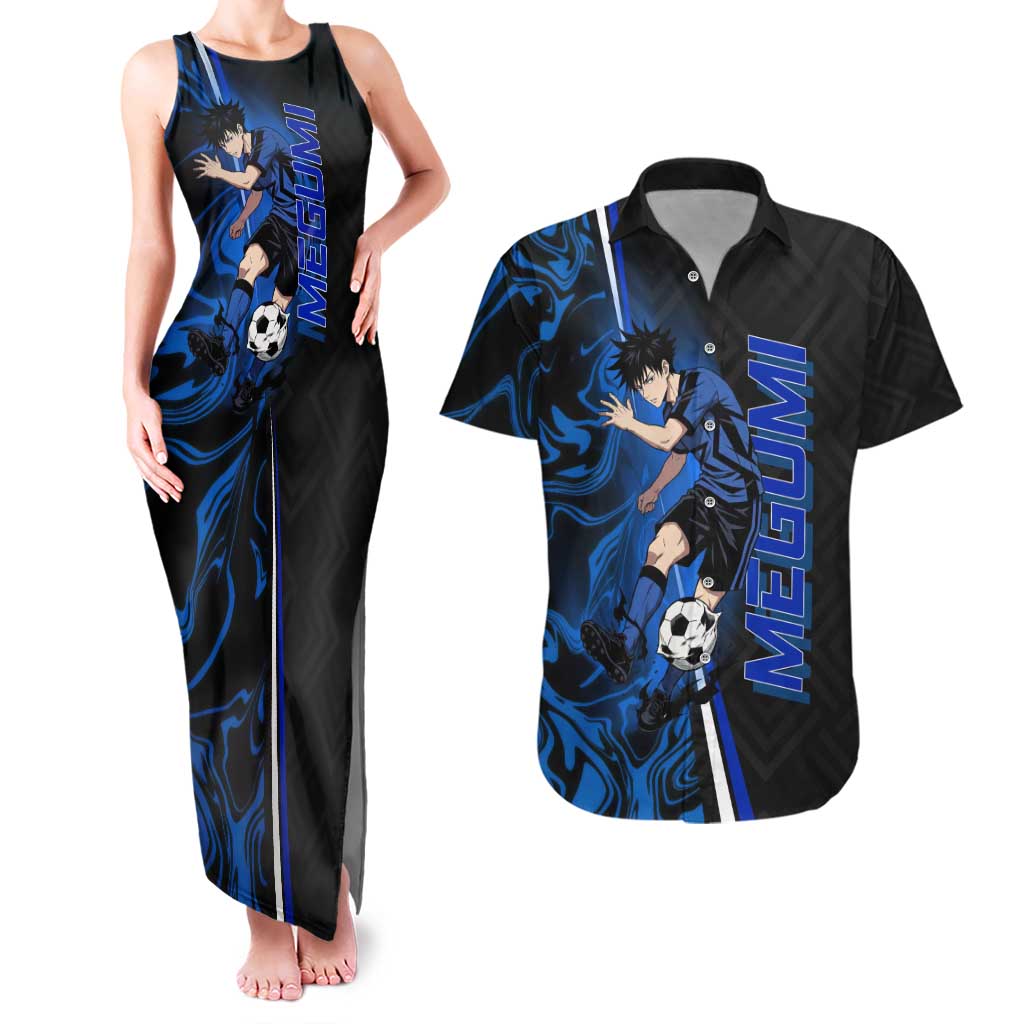 Custom Megumi Fushiguro Jujutsu Kaisen Couples Matching Tank Maxi Dress and Hawaiian Shirt Blue Flames Soccer Theme Anime