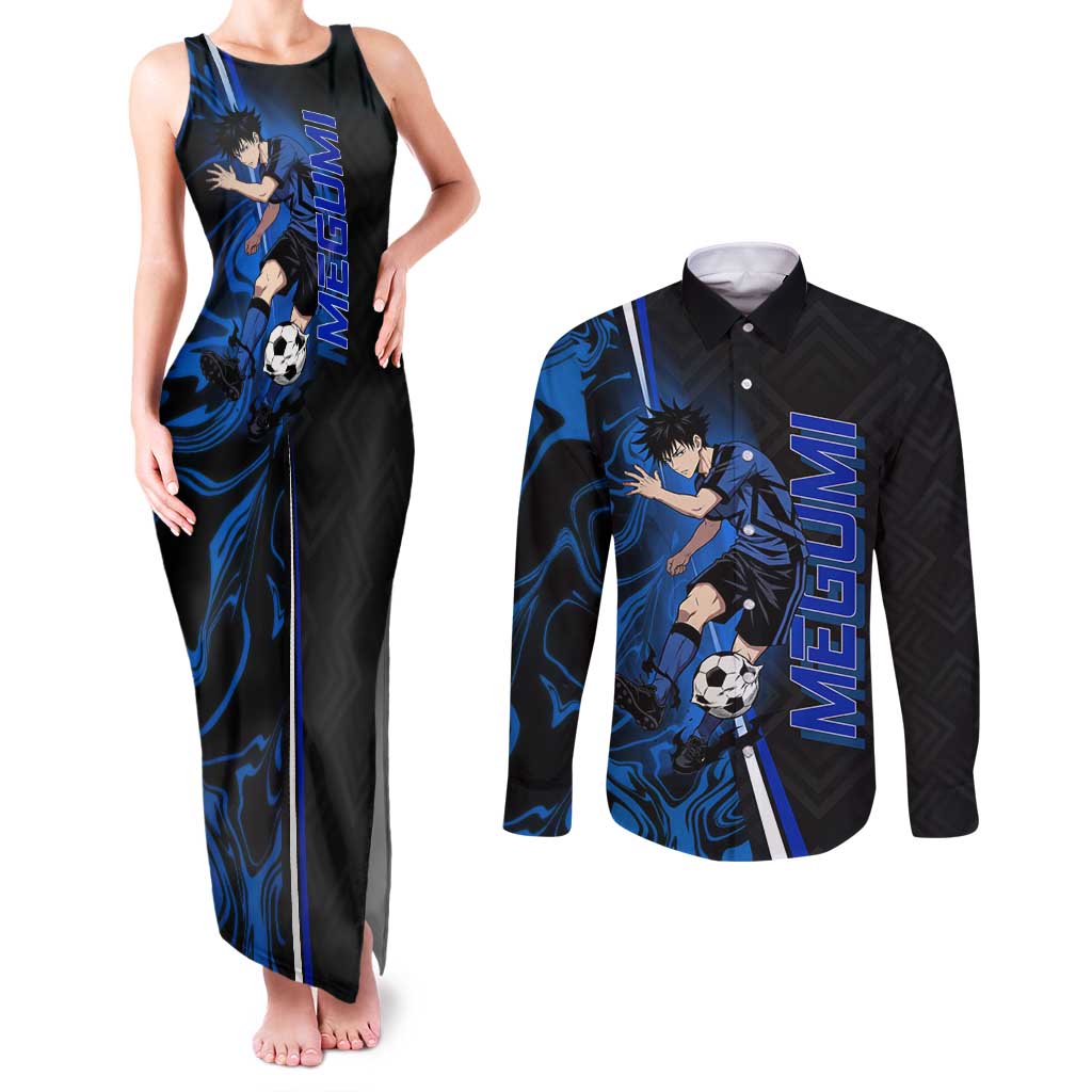 Custom Megumi Fushiguro Jujutsu Kaisen Couples Matching Tank Maxi Dress and Long Sleeve Button Shirt Blue Flames Soccer Theme Anime