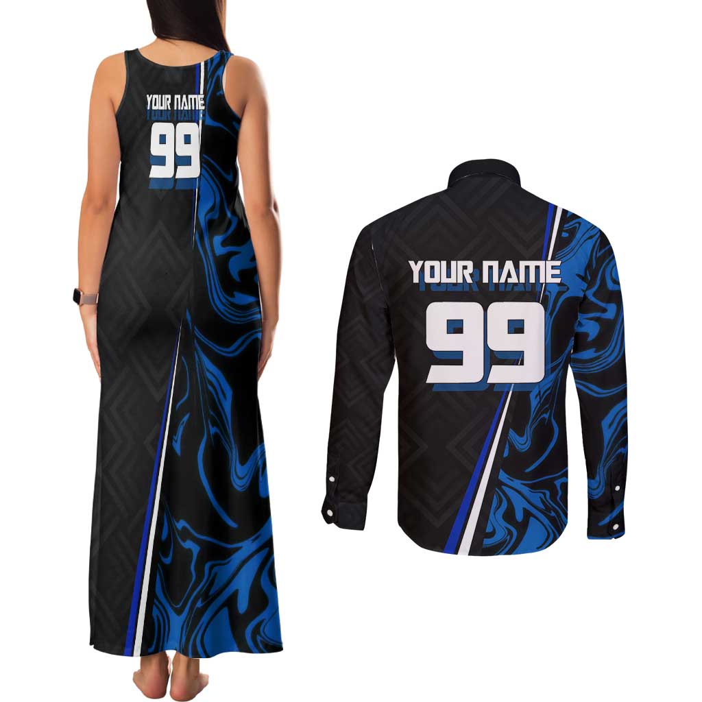 Custom Megumi Fushiguro Jujutsu Kaisen Couples Matching Tank Maxi Dress and Long Sleeve Button Shirt Blue Flames Soccer Theme Anime