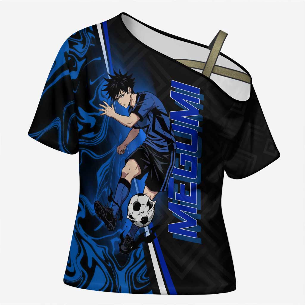 Custom Megumi Fushiguro Jujutsu Kaisen Cross Shoulder Shirt Blue Flames Soccer Theme Anime