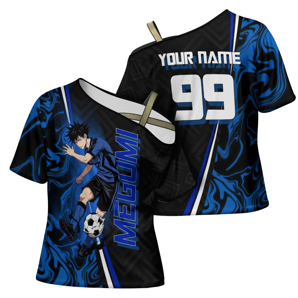 Custom Megumi Fushiguro Jujutsu Kaisen Cross Shoulder Shirt Blue Flames Soccer Theme Anime