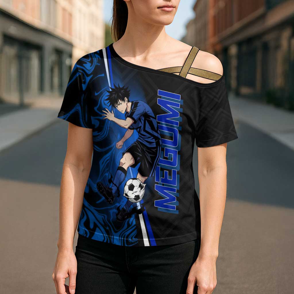 Custom Megumi Fushiguro Jujutsu Kaisen Cross Shoulder Shirt Blue Flames Soccer Theme Anime