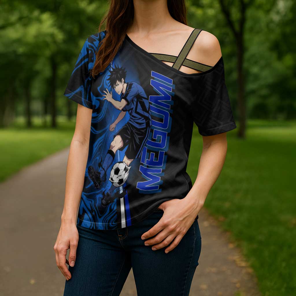 Custom Megumi Fushiguro Jujutsu Kaisen Cross Shoulder Shirt Blue Flames Soccer Theme Anime