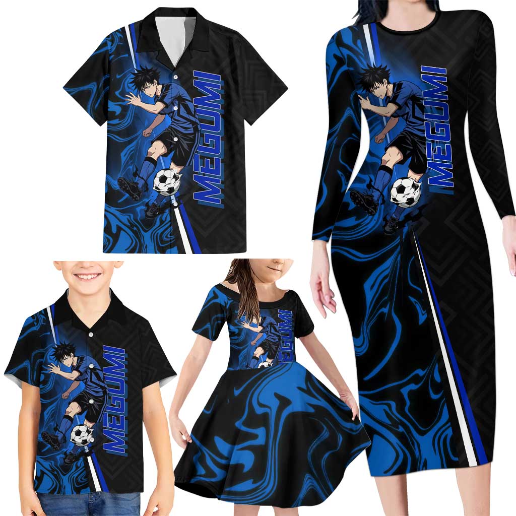 Custom Megumi Fushiguro Jujutsu Kaisen Family Matching Long Sleeve Bodycon Dress and Hawaiian Shirt Blue Flames Soccer Theme Anime