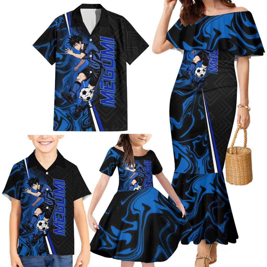Custom Megumi Fushiguro Jujutsu Kaisen Family Matching Mermaid Dress and Hawaiian Shirt Blue Flames Soccer Theme Anime