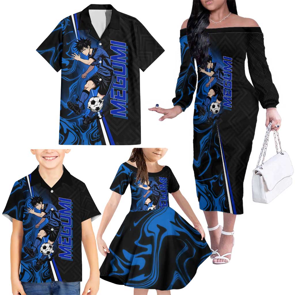 Custom Megumi Fushiguro Jujutsu Kaisen Family Matching Off The Shoulder Long Sleeve Dress and Hawaiian Shirt Blue Flames Soccer Theme Anime