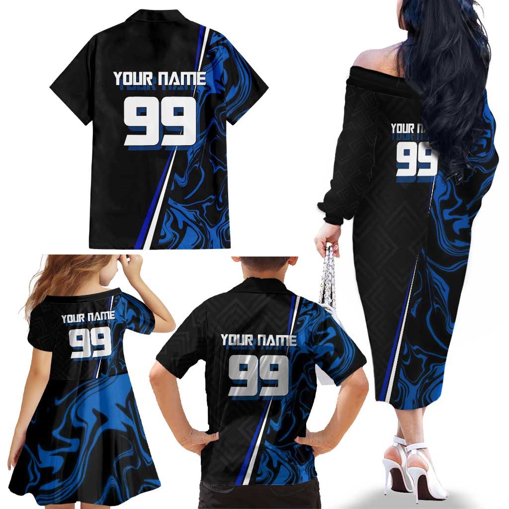 Custom Megumi Fushiguro Jujutsu Kaisen Family Matching Off The Shoulder Long Sleeve Dress and Hawaiian Shirt Blue Flames Soccer Theme Anime