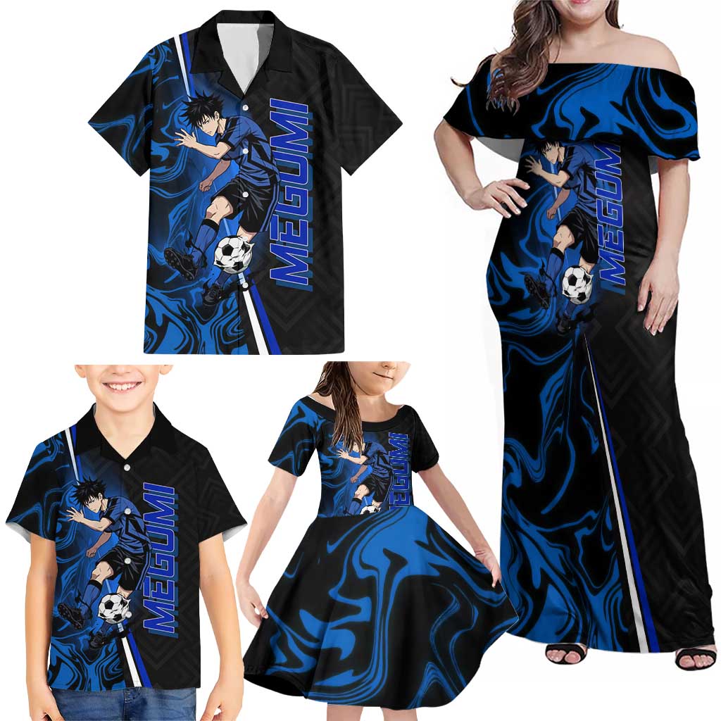 Custom Megumi Fushiguro Jujutsu Kaisen Family Matching Off Shoulder Maxi Dress and Hawaiian Shirt Blue Flames Soccer Theme Anime