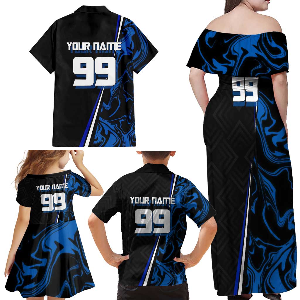 Custom Megumi Fushiguro Jujutsu Kaisen Family Matching Off Shoulder Maxi Dress and Hawaiian Shirt Blue Flames Soccer Theme Anime