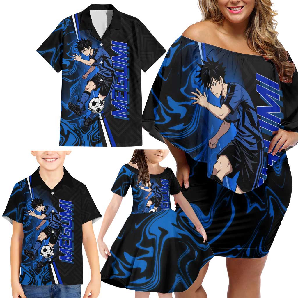 Custom Megumi Fushiguro Jujutsu Kaisen Family Matching Off Shoulder Short Dress and Hawaiian Shirt Blue Flames Soccer Theme Anime