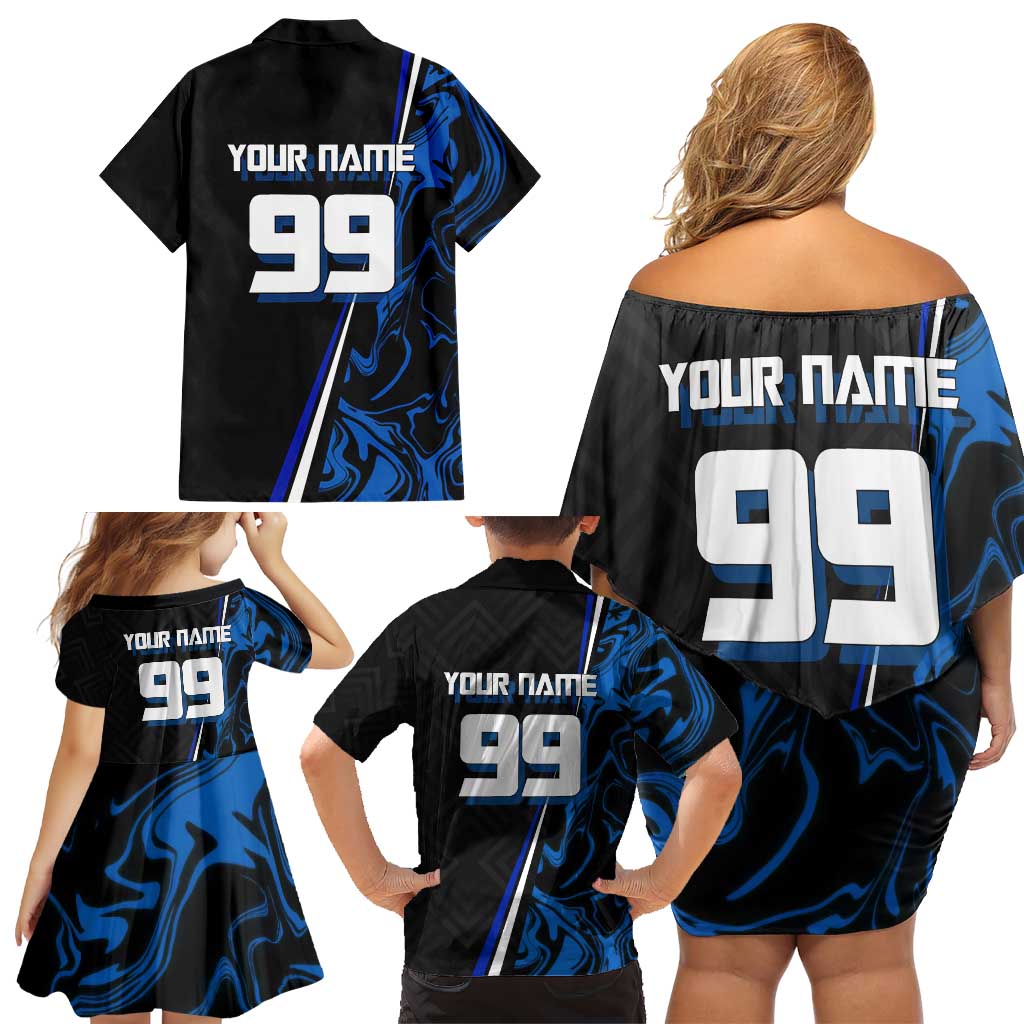 Custom Megumi Fushiguro Jujutsu Kaisen Family Matching Off Shoulder Short Dress and Hawaiian Shirt Blue Flames Soccer Theme Anime